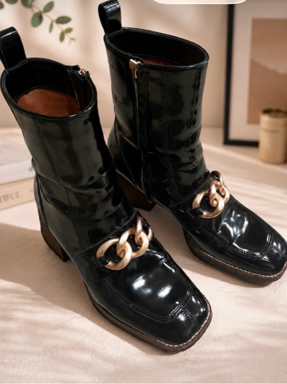 Black Steve Maden  Patent Chain Accent Mid-Calf Boots - Women